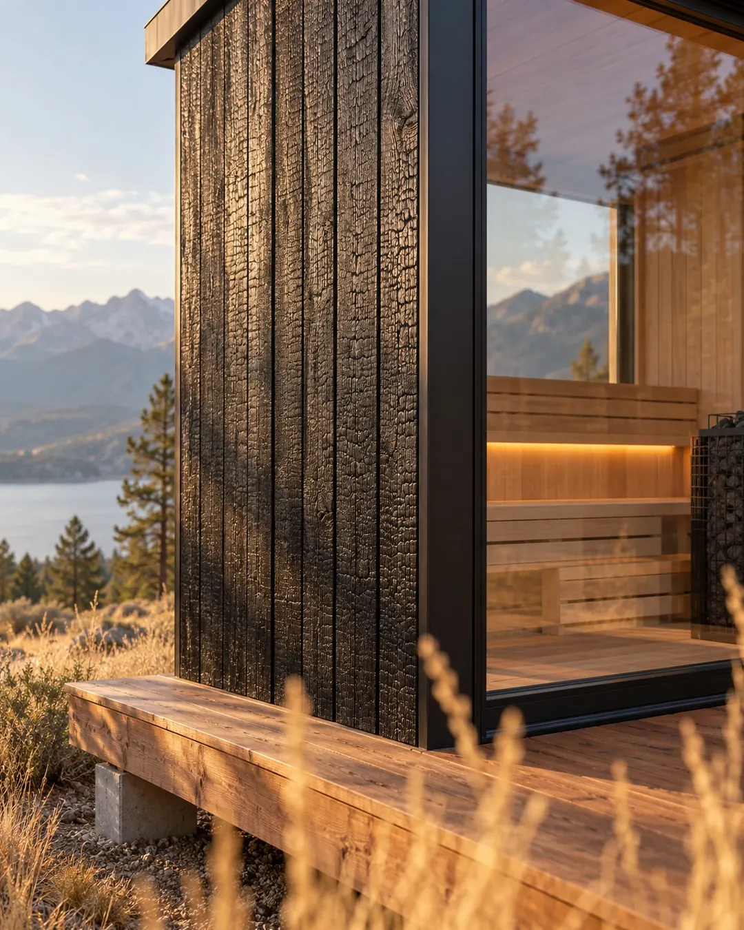 Charred cedar cladding meeting a black steel corner and glass frame