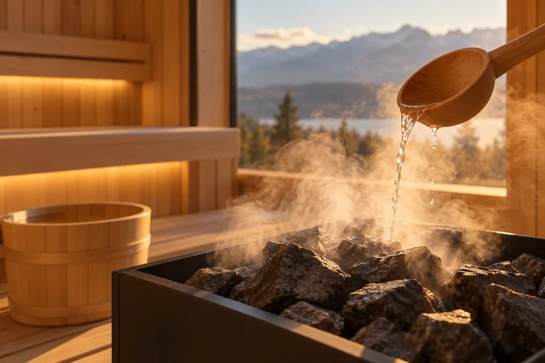 Water ladled onto hot sauna stones, with steam rising