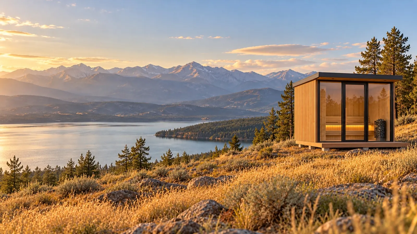 A glass-front sauna on golden grass above the lake in late summer