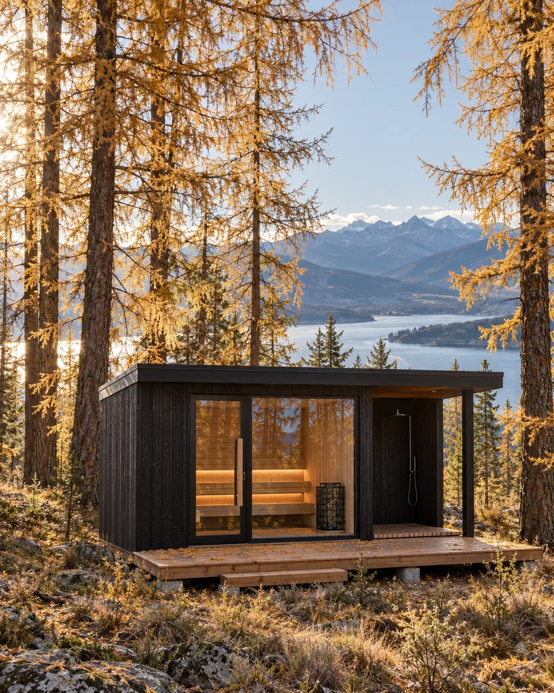 A charred cedar sauna among golden larches in October
