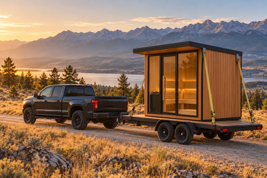 A finished cabin sauna strapped to a flatbed trailer behind a pickup, on a gravel road through golden grassland
