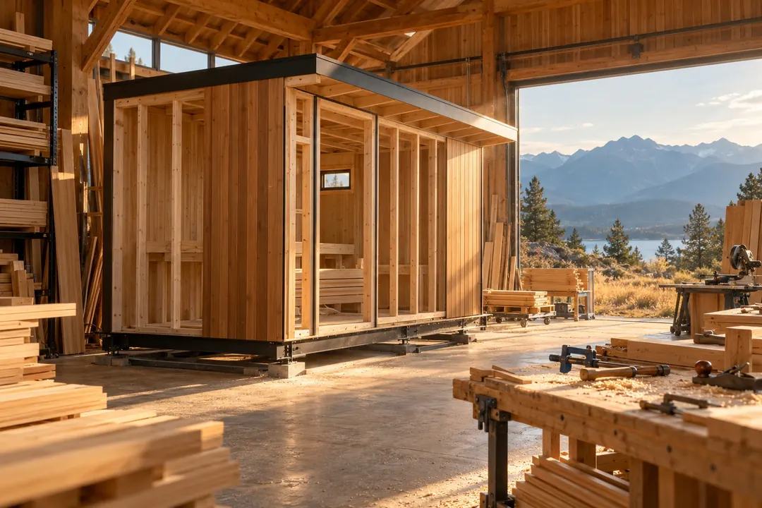A sauna shell under construction on the workshop floor, partly clad in thermo-aspen, with afternoon light through the open shop door
